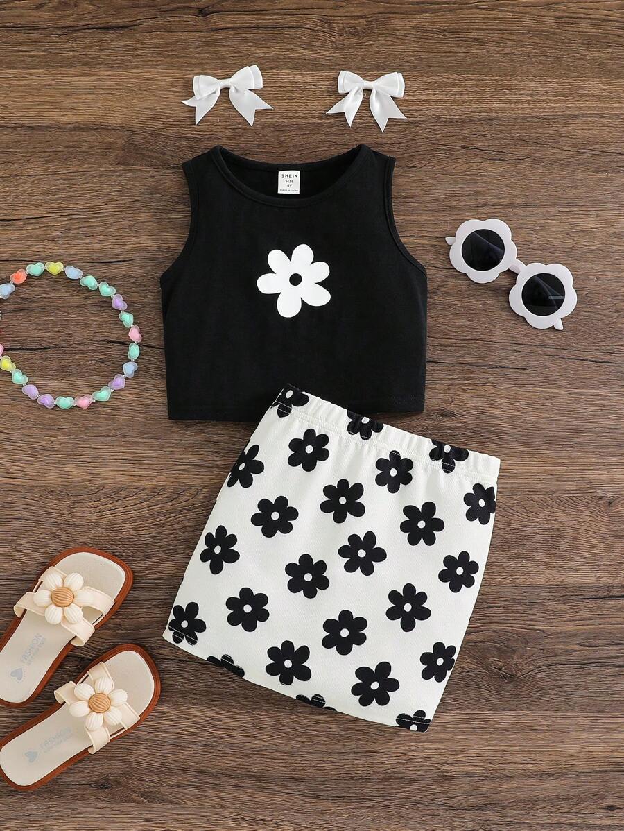 2pcs/Set Young Girl Knit Solid Crew Neck Floral Pattern Top And Knit Plaid Mini Skirt Set, Summer Outfit