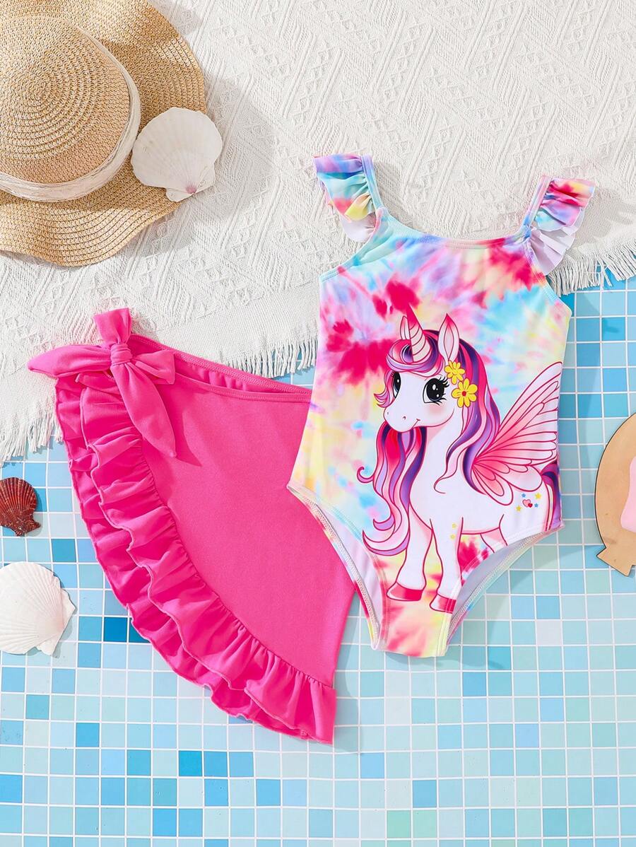 SHEIN Costume da bagno a 2 pezzi con stampa di unicorno effetto tie-dye per ragazza giovane