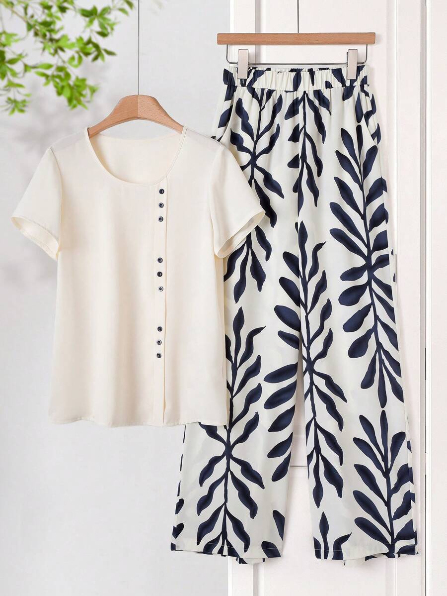 EMERY ROSE Conjunto de dos piezas para mujer de blusa de manga corta de cuello redondo en unicolor y pantalones de pierna ancha con estampado floral para el verano