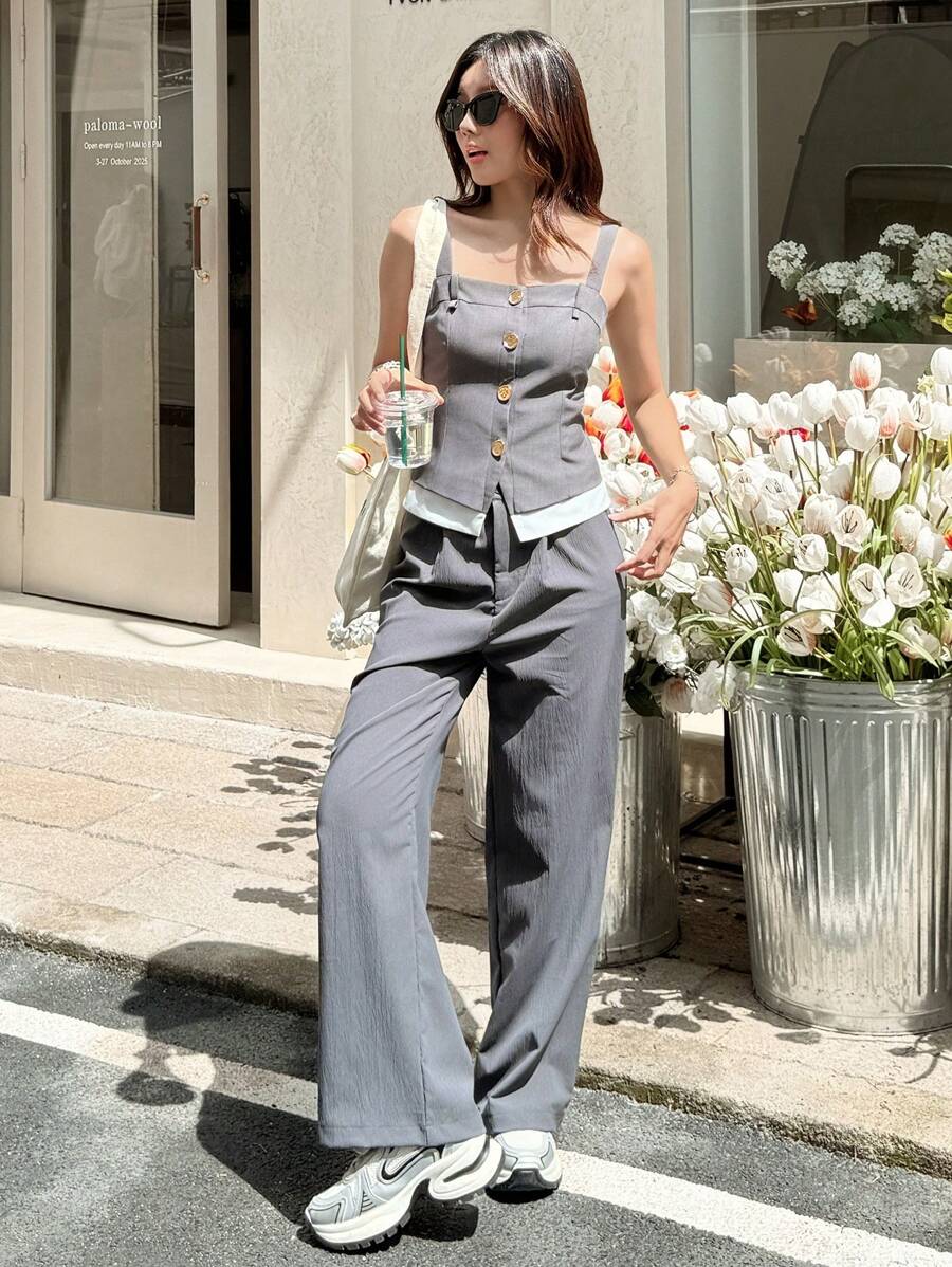 K-Vae Women's Grey Slim Summer 2 In 1 Tops, Single Breasted Casual Camisole Tops, Metal Button Tops