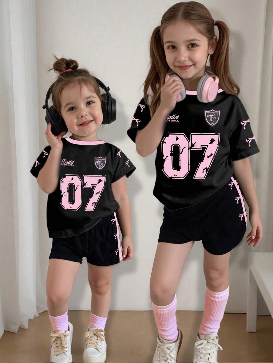 Conjunto informal de 2 piezas para niña, camiseta con estampado gráfico del número 07 y eslogan en contraste de color, y shorts