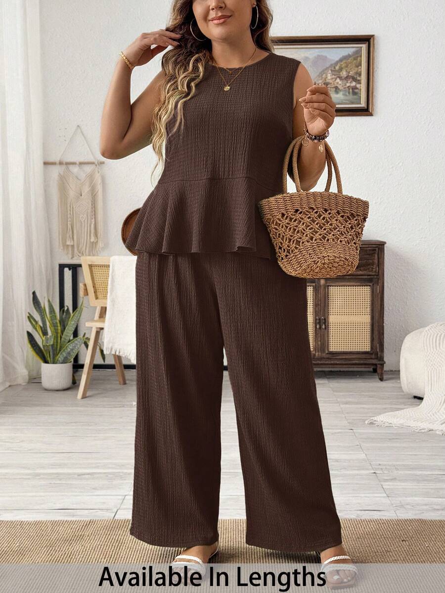 SHEIN PETITE CURVE Set da due pezzi composto da un gilet e pantaloni lunghi di colore tinta unita, casual, adatto alle vacanze, per taglie forti