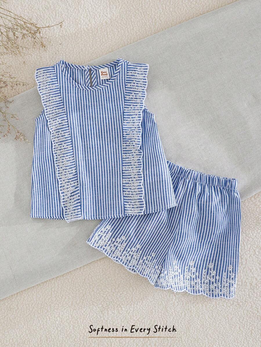 Cozy Pixies 2pcs/Set Baby Girl Striped Crew Neck Sleeveless Top And Elastic Waist Shorts Set Blue Two Piece Set Baby Baby Girl Two Piece Set Blue And White Striped Baby Outfit Baby Girl Summer Outfit Set Baby Girl Short Sets