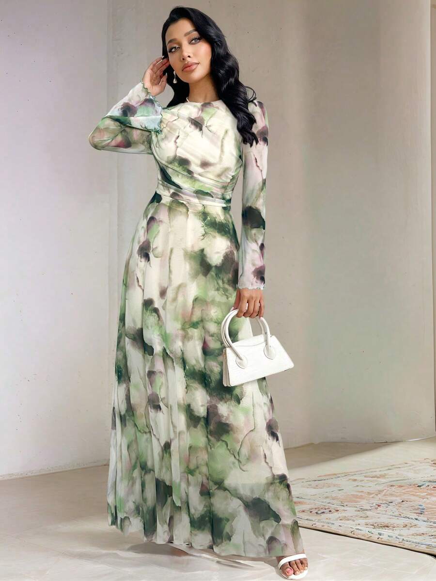Veilorie Vestido con mangas abullonadas de estampado de tie-dye elegante para mujer