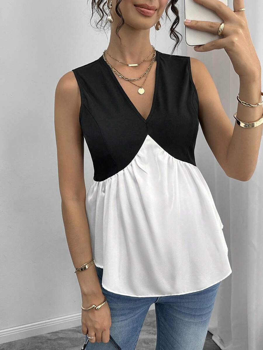 Momance Pregnant Woman's Casual Contrast Color V-Neck Sleeveless Summer Blouse