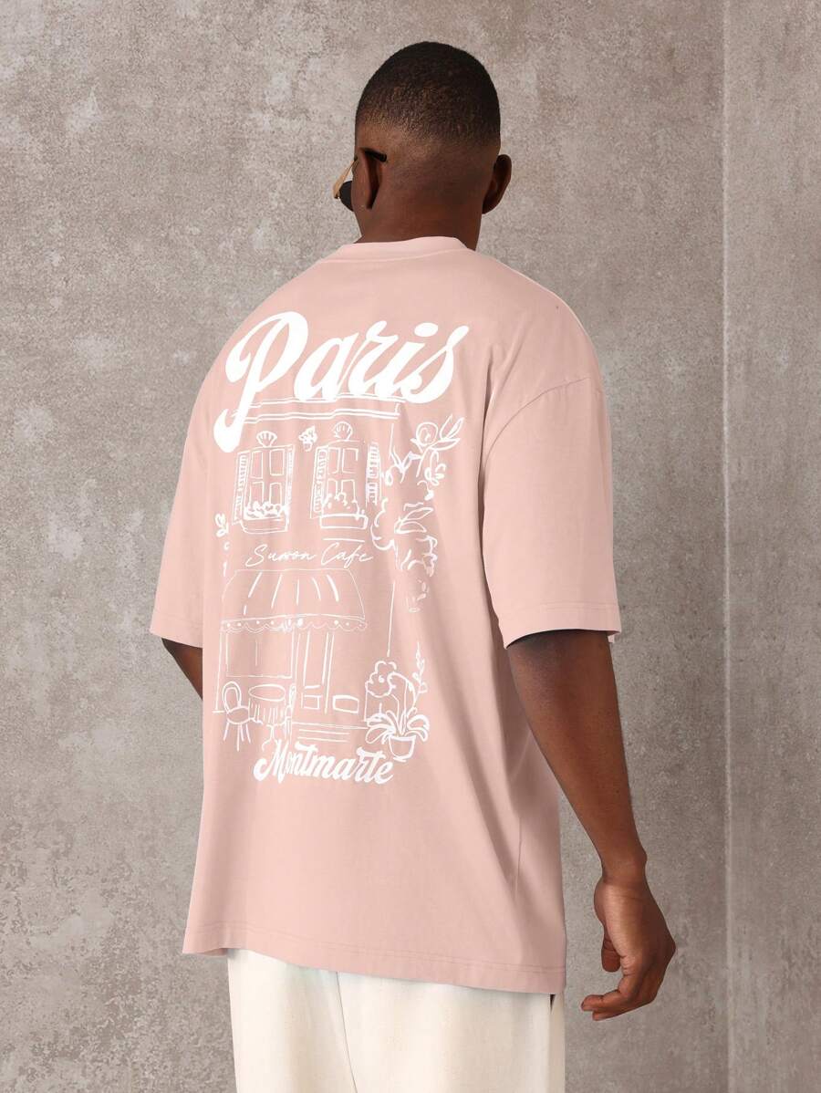 SUMWON Camiseta de algodón de estilo callejero con gran estampado de café de París, ilustración del barrio de Montmartre, moda retro francesa, informal y urbana