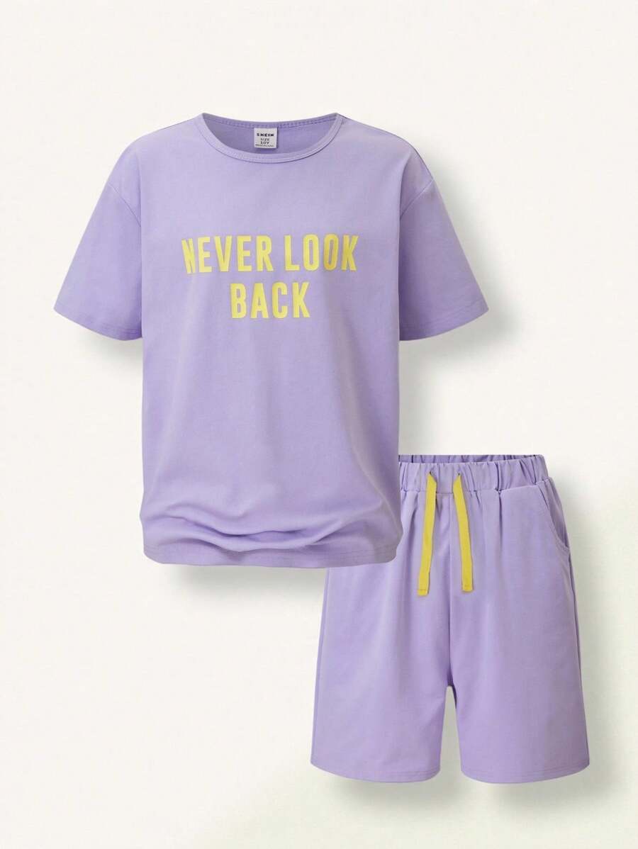 SHEIN 2 pezzi/set , Maglietta a maniche corte con stampa a lettere e pantaloncini sportivi casual per ragazzi più grandi, viola, nuovi arrivi estivi