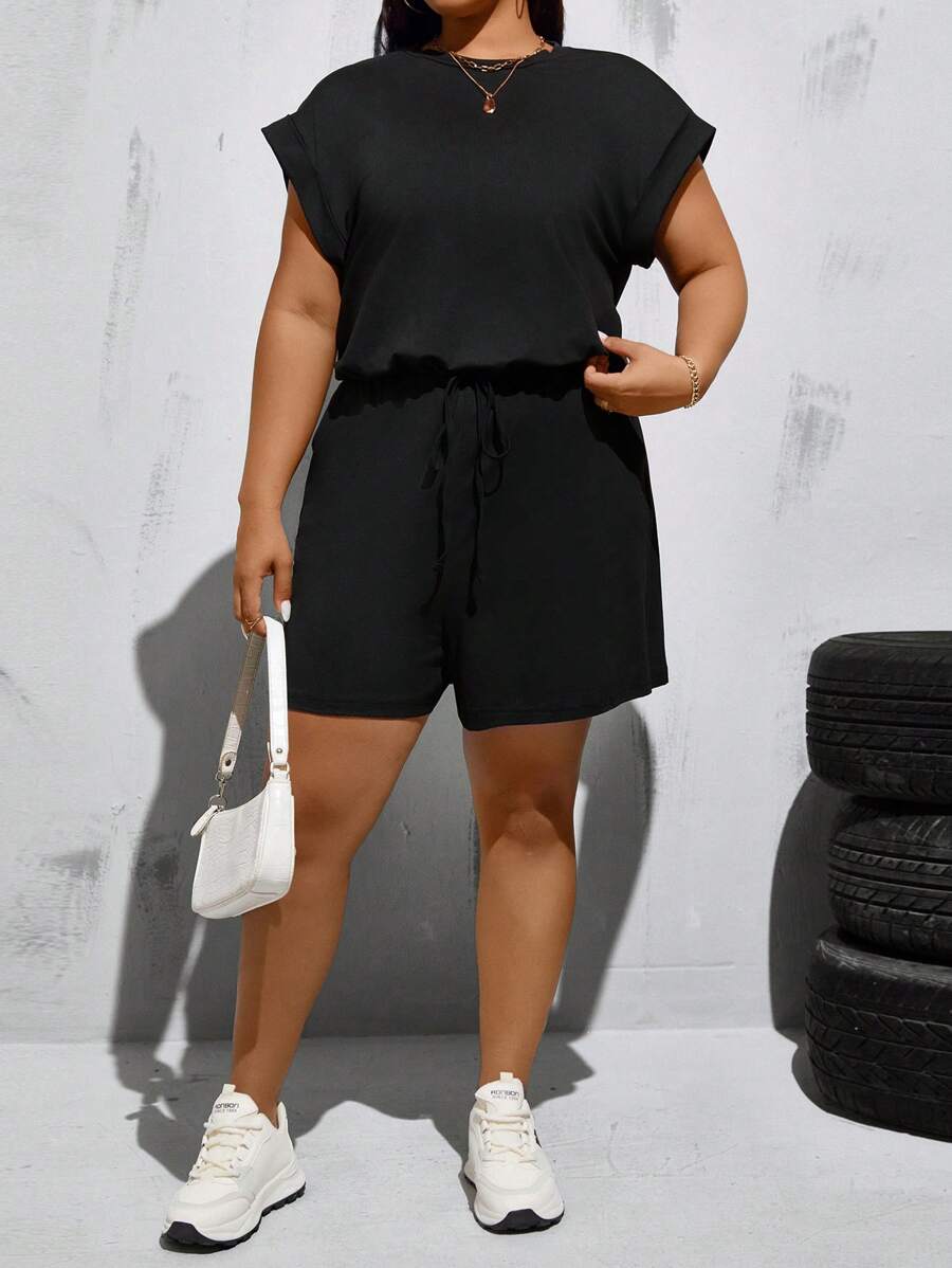 SHEIN Tall Tutina corta senza maniche con cintura in vita, collo rotondo e fiocco, adatta per donna taglia forte, primavera ed estate