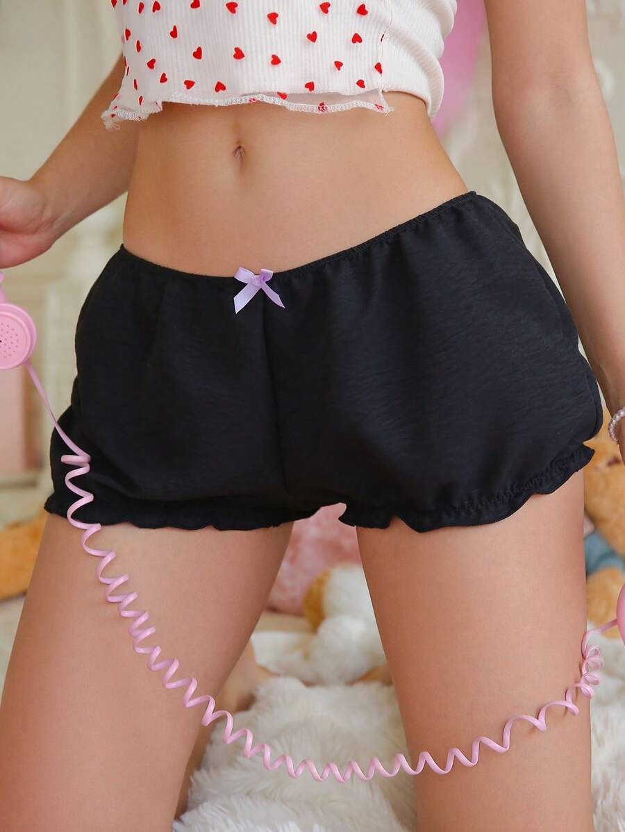 PetitDoll Pantalones farol con volantes en la cintura y decoración de lazo - Short de seguridad para mujer