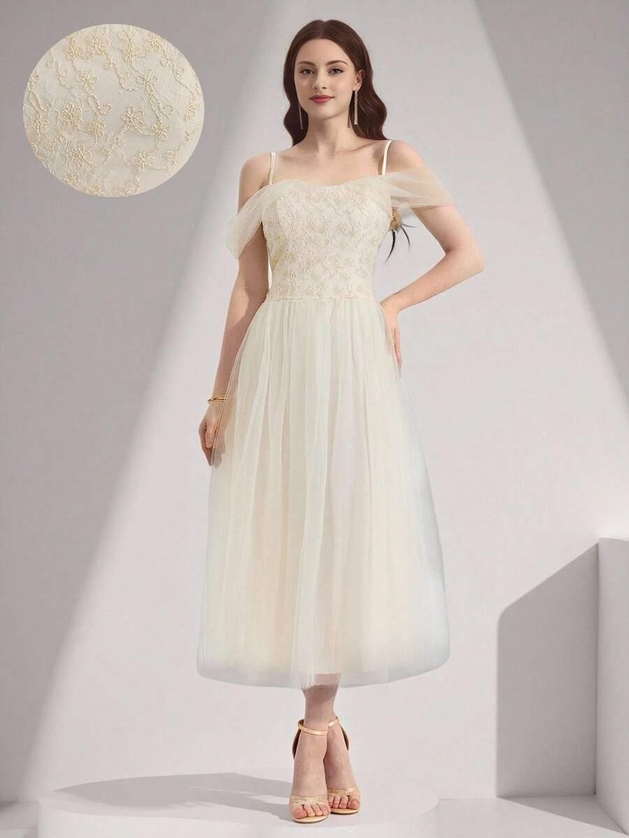 Poshira Abito da donna di colore unito, adatto per feste, abito da sera lussuoso alla moda per l'estate, abito morbido con pizzo bianco, vestito da cerimonia