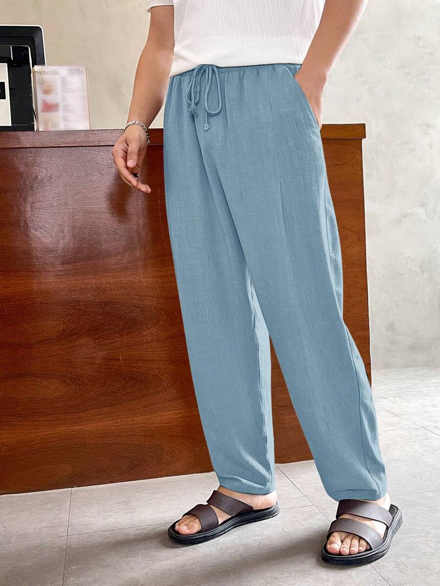 Manfinity ModaGents Pantalones rectos casuales con cintura ajustable con cordón para hombres