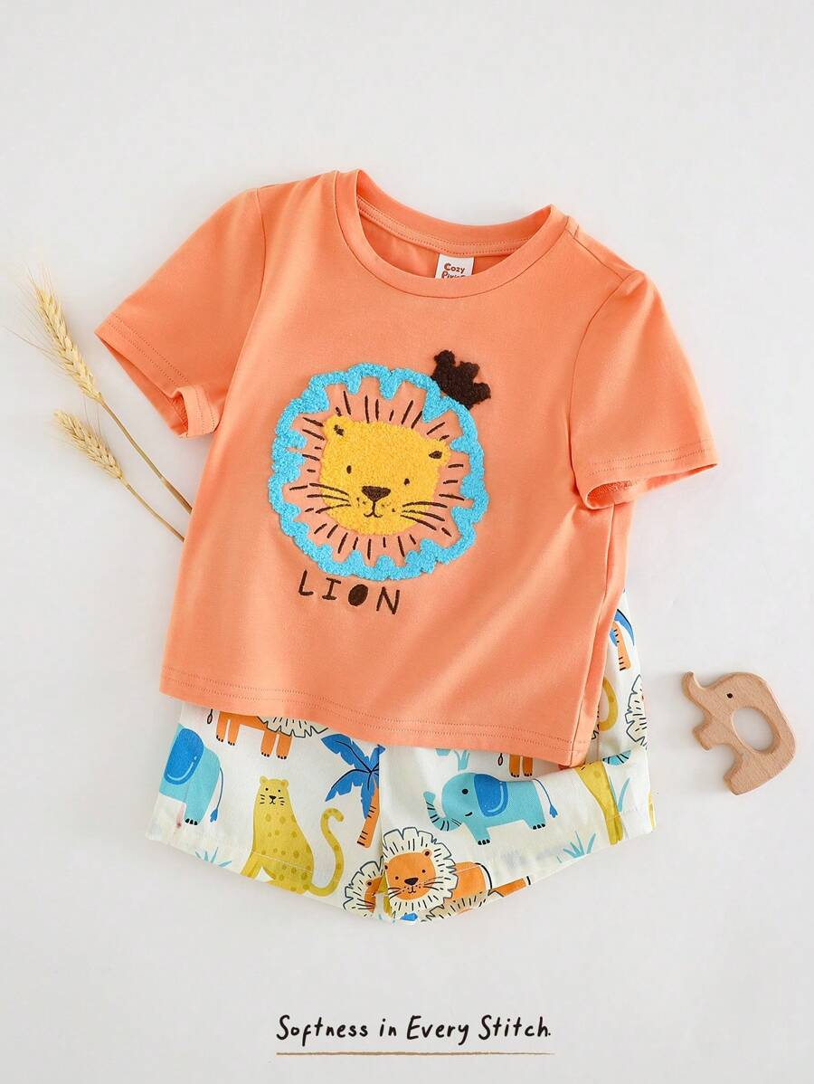 Cozy Pixies Set de 2 piezas para niño bebé: parte superior de manga corta de cuello redondo suave con estampado de animales de dibujos animados y pantalones cortos de cintura elástica