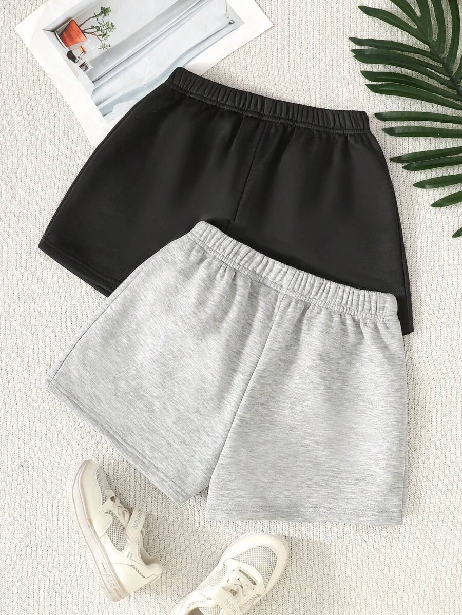2pcs Tween Girls Casual Solid Color Knit Wide Leg Shorts Set