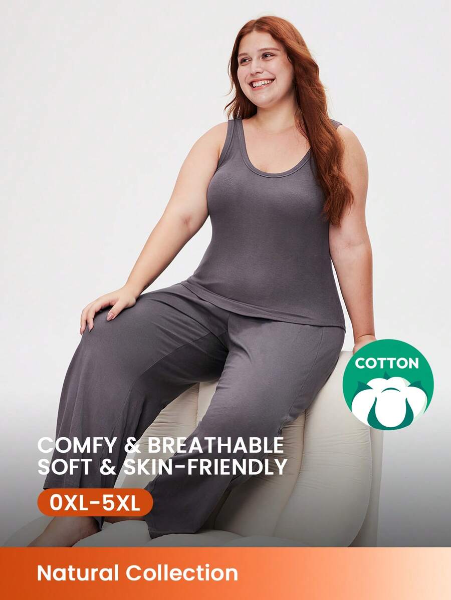 LUVLETTE Große Größen Set aus weicher Baumwolle mit Basic-Lässig-Sporty Elastic Rippenstrick Tanktop & Hose, Loungewear, luftiges Pyjama Set, Sport Lässig Komfort Outfit mit Aktiv Hose mit Taschen, Wäsche als Oberbekleidung