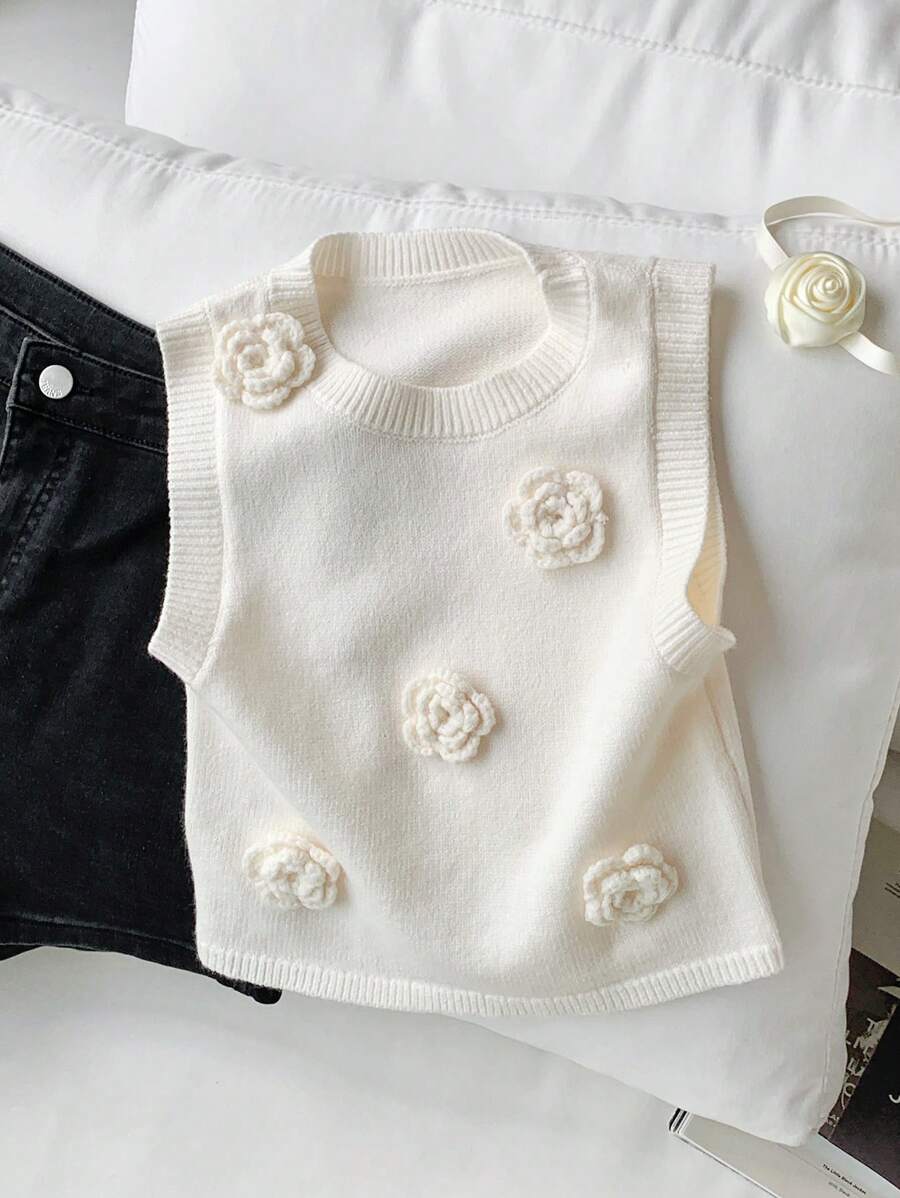Comfortcana Maglietta aderente senza maniche decorata con fiori, in maglia