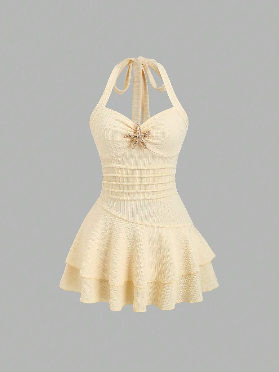 Sweetra Women's New Spring Summer Suitable For Beach Vacation Elegant Textured Fabric Halter Tie Front Ruched Bust Metal Decor Layered Ruffle Hem Playful Mini Dress