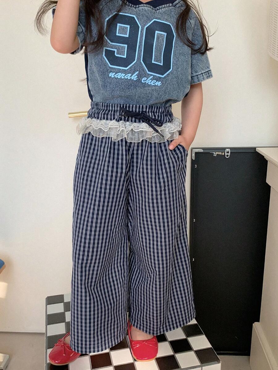 DAZY Meninas (Pequeno) Calça Casual Reta Solta de Xadrez com Renda