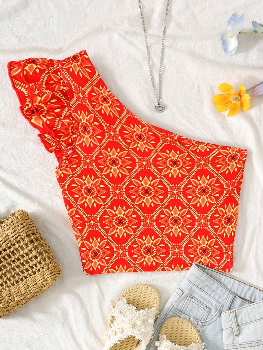 SHEIN Blusa de verano informal de estilo vintage para adolescentes con parte superior corta de tirantes con lazo y estampado floral