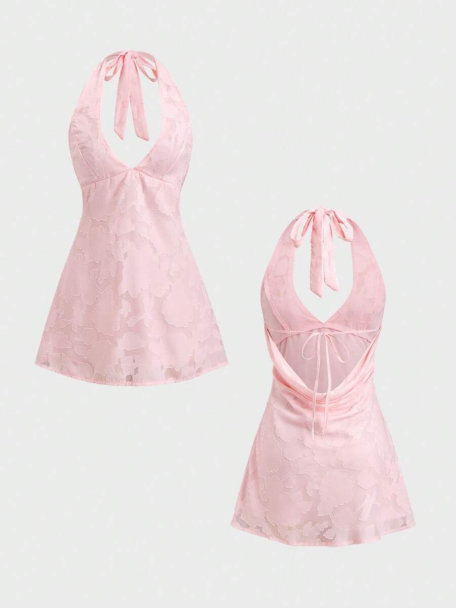 Sweetra Vestido corto sin mangas con espalda abierta, cuello con lazo y diseño calado en chifón rosa, refrescante para primavera/verano