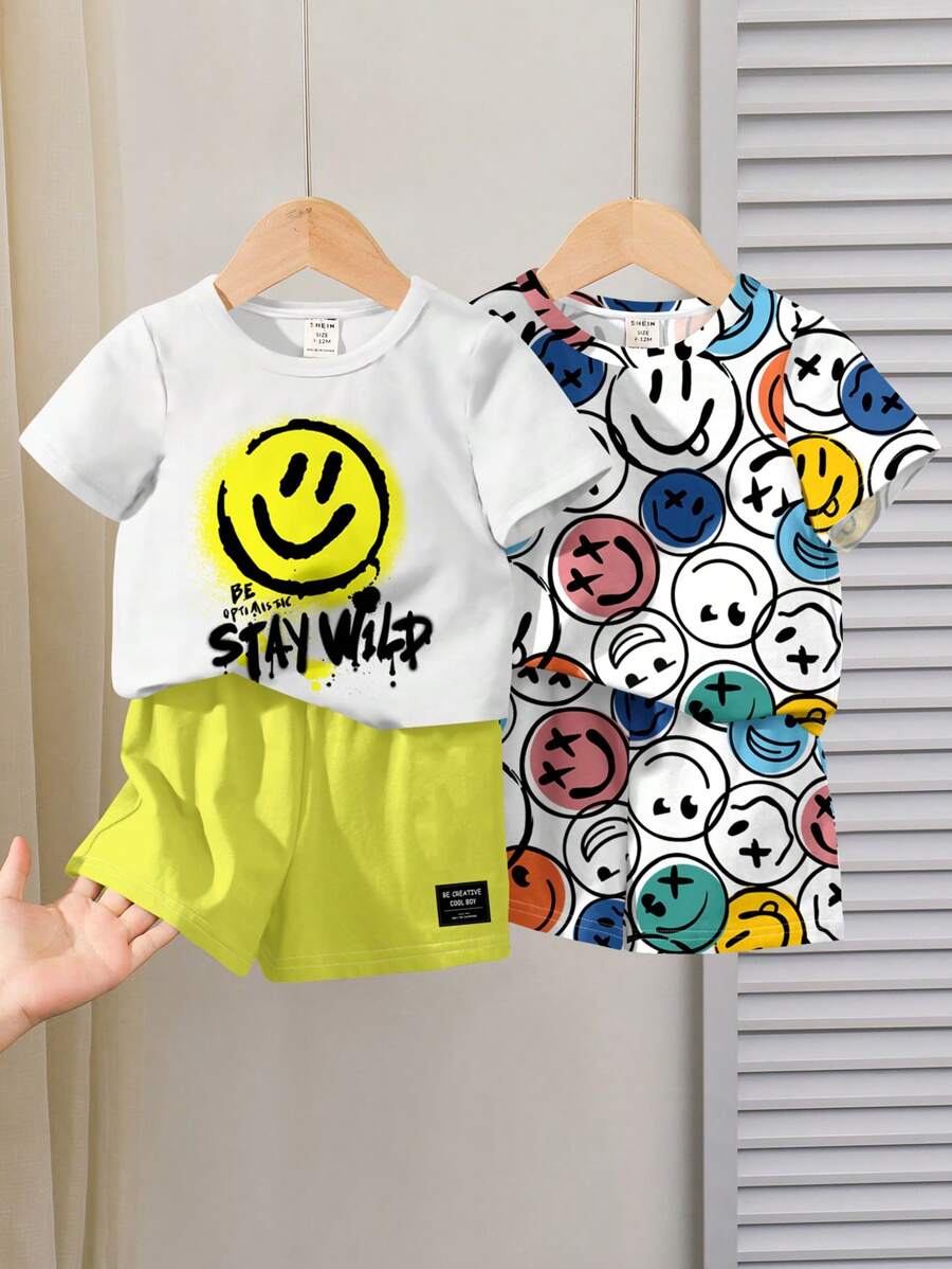SHEIN 2pcs/Set Boy's Casual Cartoon Print Round Neck T-Shirt And Shorts Set, Suitable For Summer