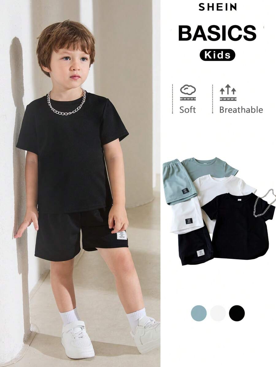 SHEIN 3 peças/conjunto Roupas de Verão para Crianças - Camiseta de Manga Curta com Decoração de Colar de Metal Estilo Casual Confortável para Meninos com Decoração de Etiqueta Tecida e Shorts, Adequado para Brincadeiras ao Ar Livre, Fotografia de Rua, Festa e Lazer em Casa com Alto Desempenho Custo-Benefício
