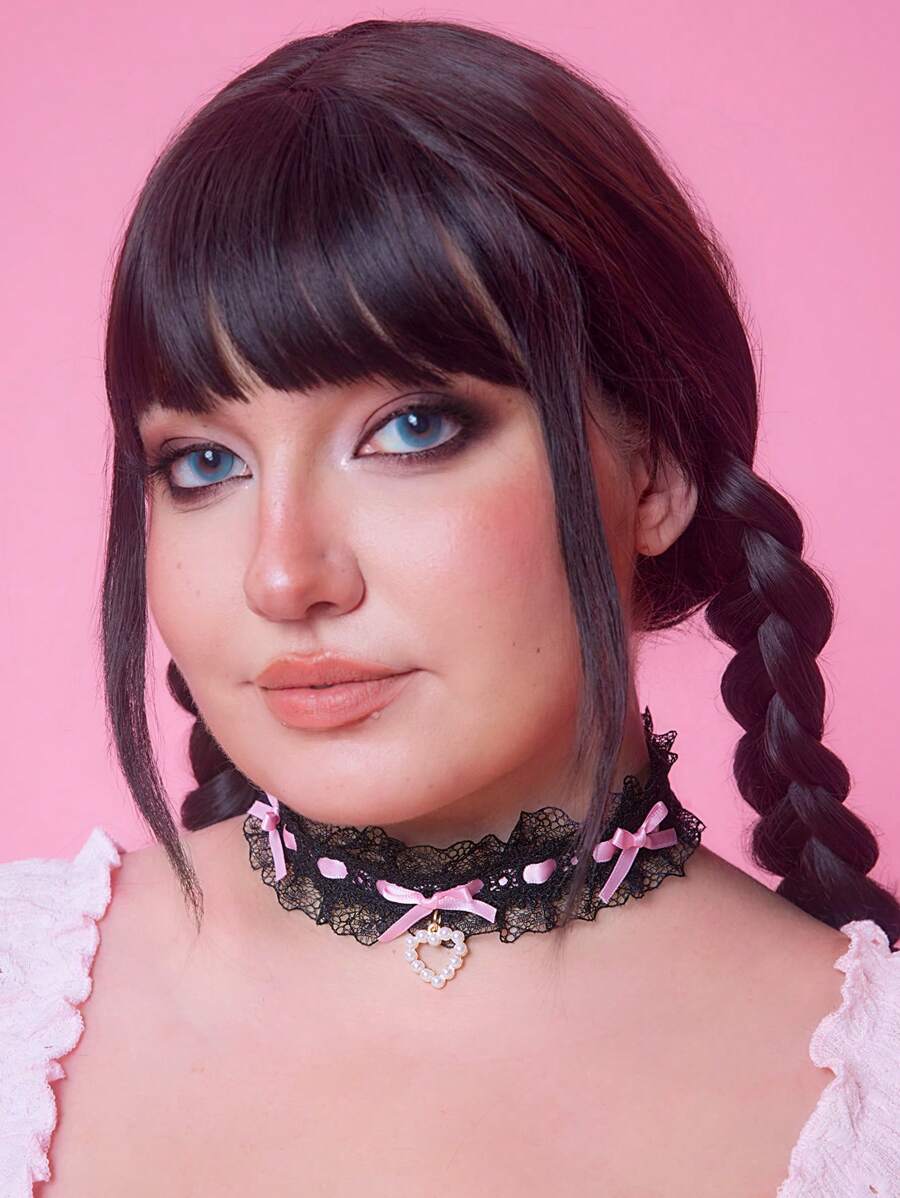 ROMWE Anime 1pc Cute Lace Ruffled Collar Necklace, Lolita Bow Heart Necklace, Contrast Color Unique Design Adjustable Neck Accessory