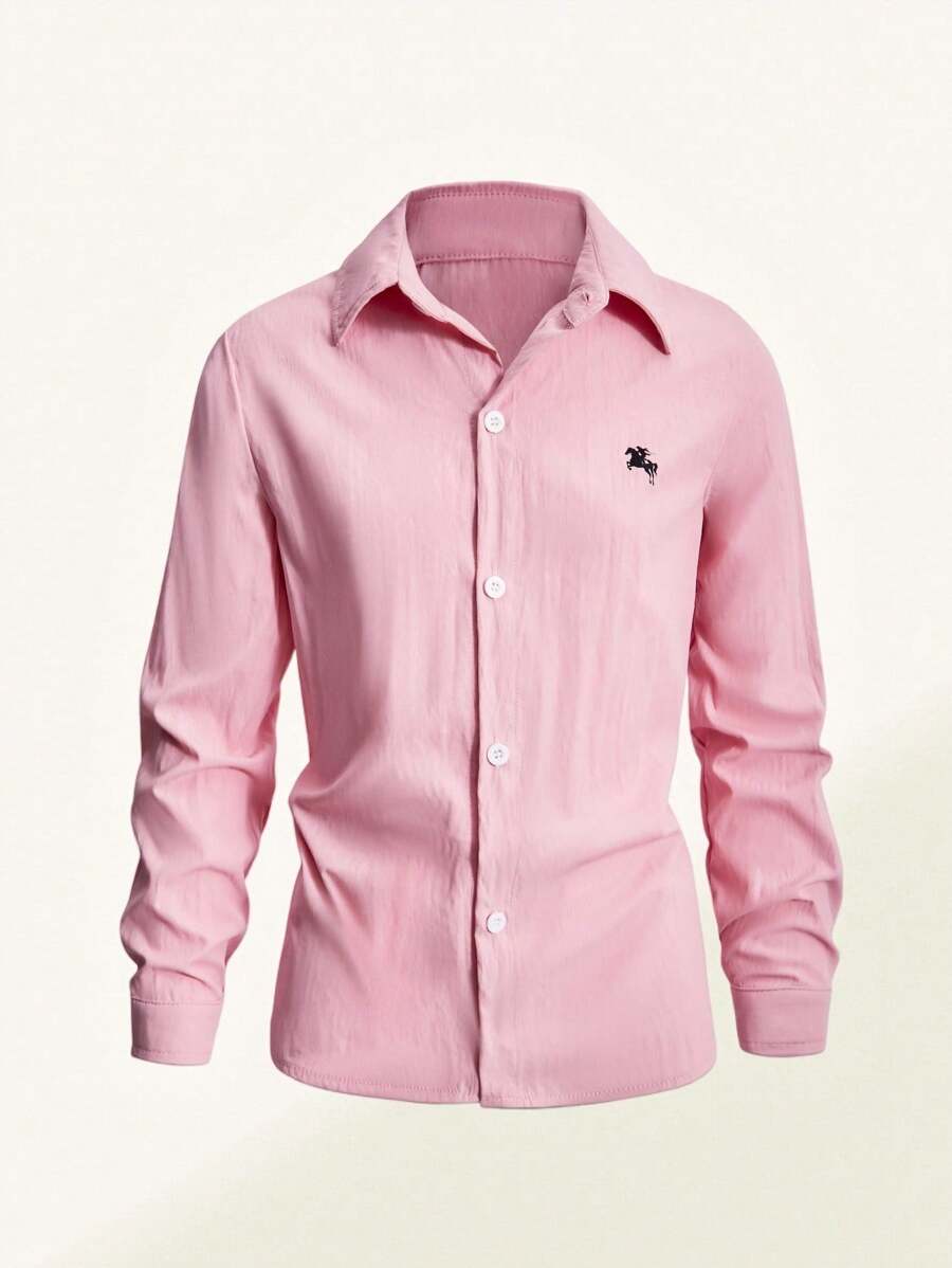 SHEIN Camicia casual versatile in rosa adatta per ragazzi pre-adolescenti, con design di polsini regolabili, adatta per varie occasioni, vita universitaria e uso quotidiano