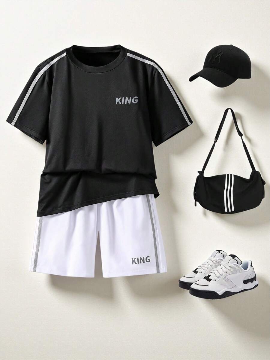 2 pièces/Set Adolescent garçon décontracté Sports Bloc de couleur Lettre Impression Ample T-shirt et Short athlétique Couleur contrastée, Ensemble 2 pièces, Convient pour le printemps et l'été Porter décontracté
