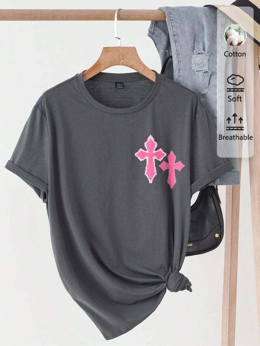 SHEIN EZwear Camiseta de manga corta con cuello redondo y estampado de cruz, de corte holgado y casual, 34% algodón, apropiada para el verano