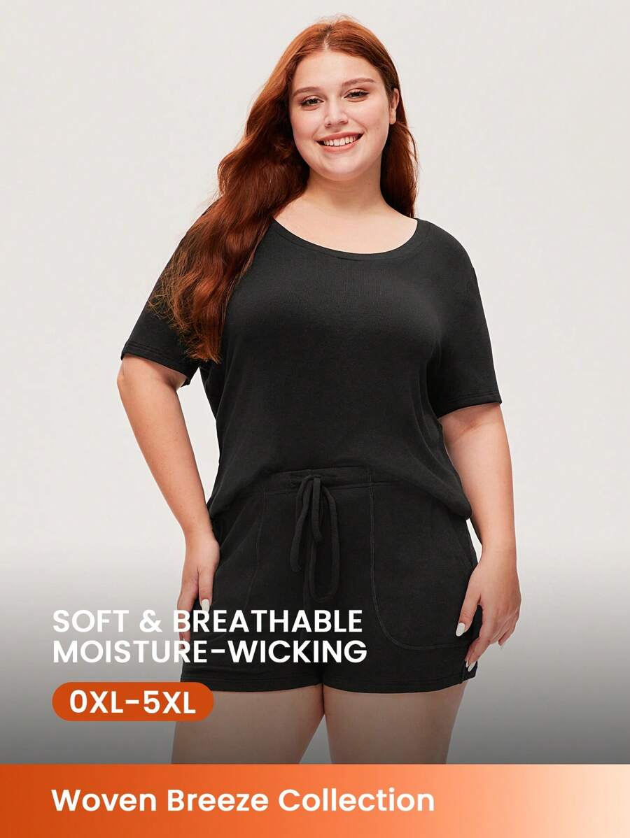 LUVLETTE Relaxed sitzende, super weiche schwarze elastische gerippte Basis Lässig-Sporty Crew Neck Kurzarm-Oberteil & Shorts Loungewear luftige Pyjama-Set Sport Lässig Komfort Outfits Active Hose mit Taschen Lingerie als Oberbekleidung