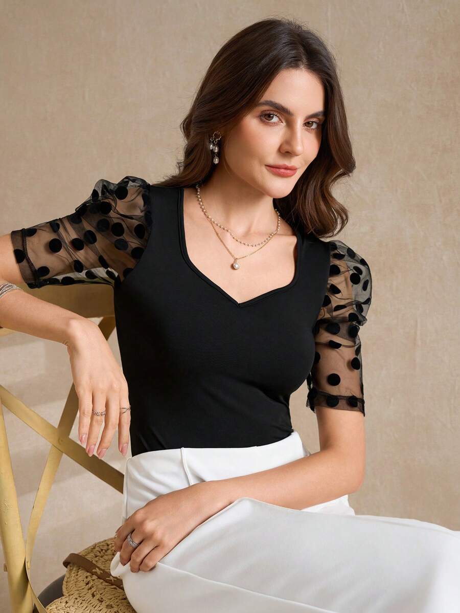 SHEIN Clasi Women'S Spliced Polka Dot Mesh Puff Sleeve Top
