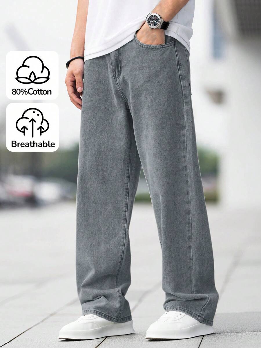 SHEIN Jeans sueltos rectos de denim gris claro vintage básico y casual para niño preadolescente, adecuado para uso diario y las cuatro estaciones