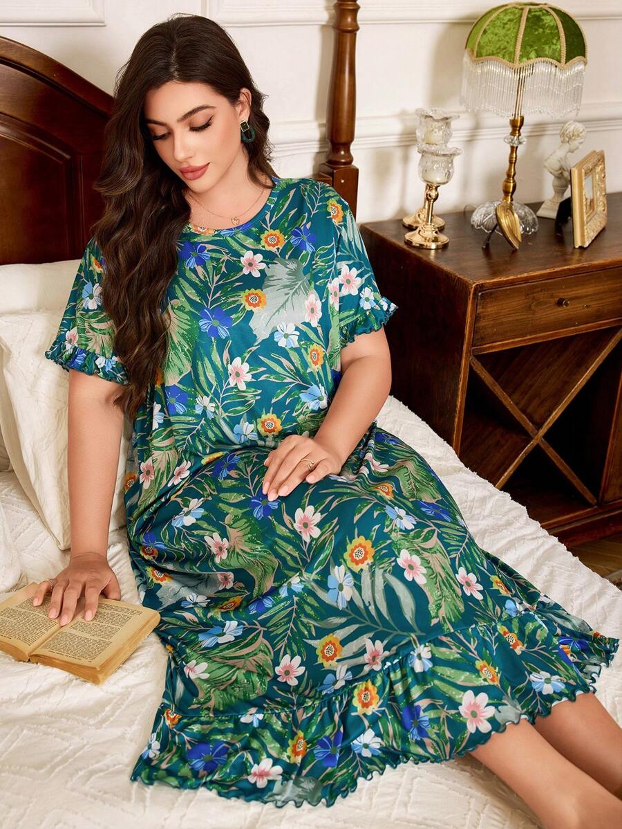 Trezura Camisón de manga corta con estampado floral y dobladillo con volantes para tallas grandes