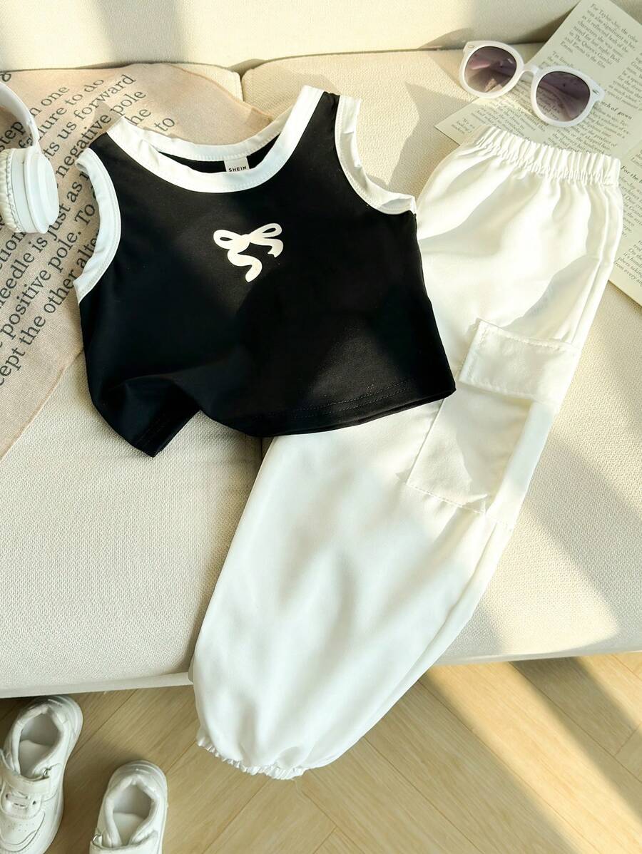 2 Pieces Set Young Girls Cute Bow Print Black Vest & White Cargo Pants, Comfortable & Fashionable Baby Outfit