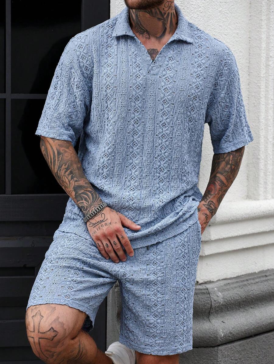 Manfinity Homme Men's Textured Knit Polo Shirt And Shorts Set Men Two Piece Casual Short Sets Mens Baby Blue Short Set Crochet Mens Short Set