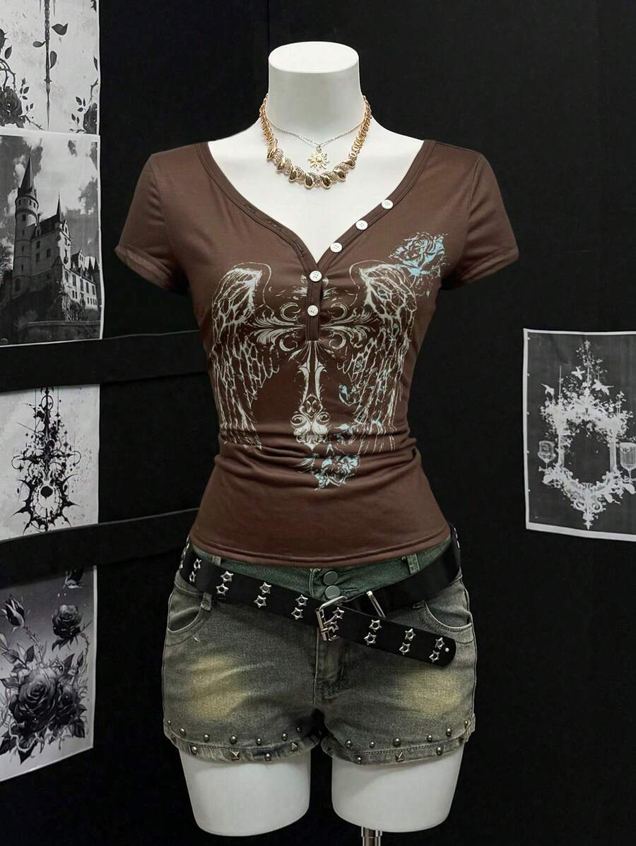 EgrlEra Women's V-Neck Partial Zipper Short Sleeve Printed Sheer Tshirt