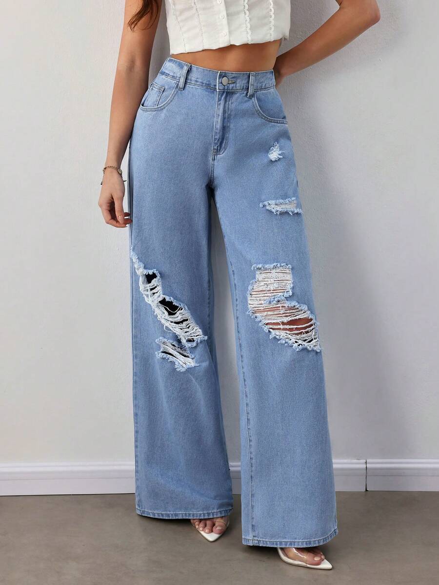 SHEIN Tall Jeans azules de pierna ancha y suelta con rasgados para mujer
