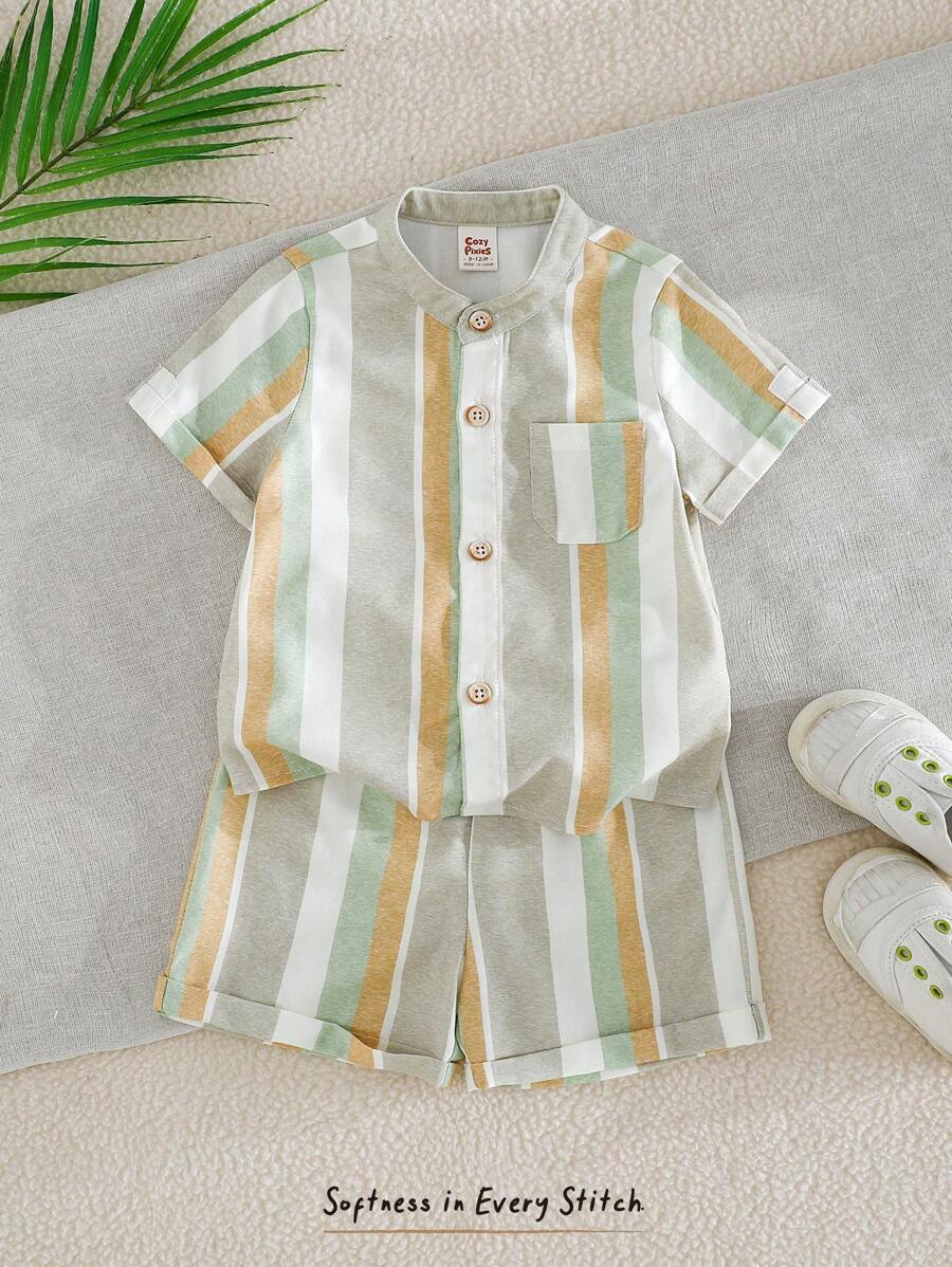 Cozy Pixies Baby Boy 2pc Set - Striped Collar Short Sleeve Cardigan And Elastic Waist Shorts