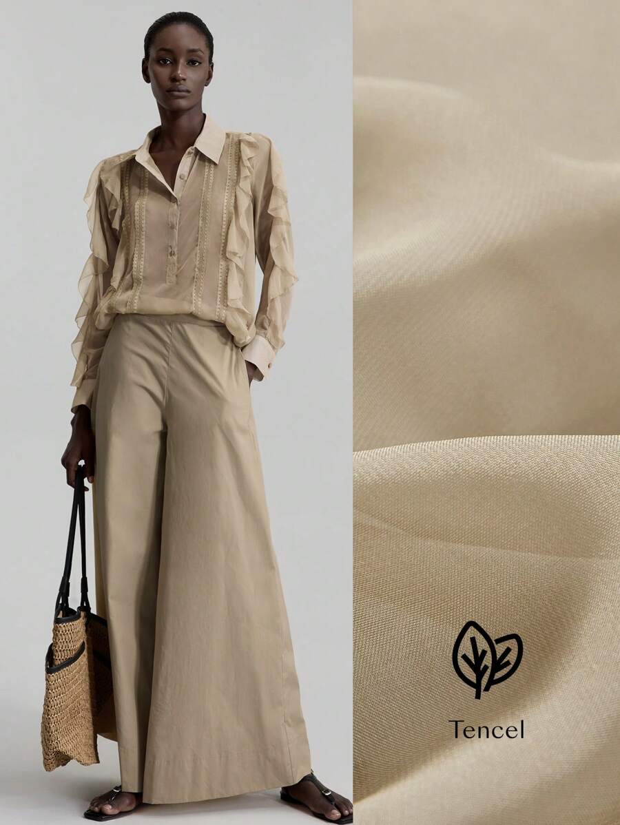 Ontre Women's Solid Color Ruffle Decor Long Sleeve Blouse, Elegant Ladies Summer Clothing