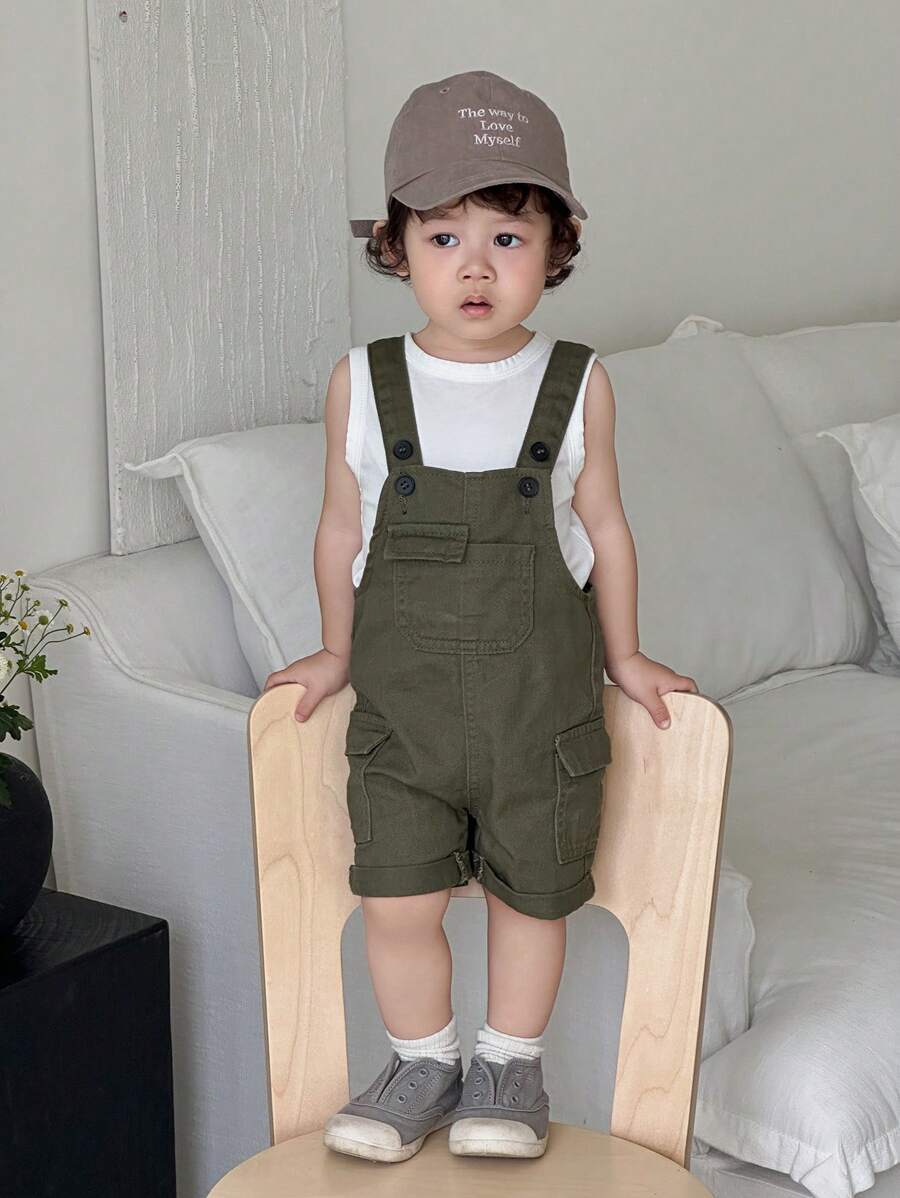 SHEIN Baby Jungen Cargo-Tasche lässige grüne Denim Latzhose