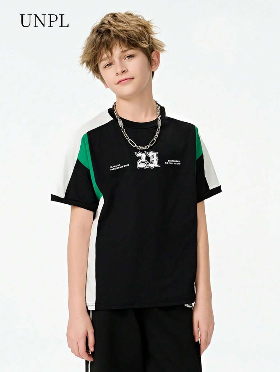 Tween Boy' Solid Color Patchwork Round Neck Short Sleeve Numeric Print T-Shirt