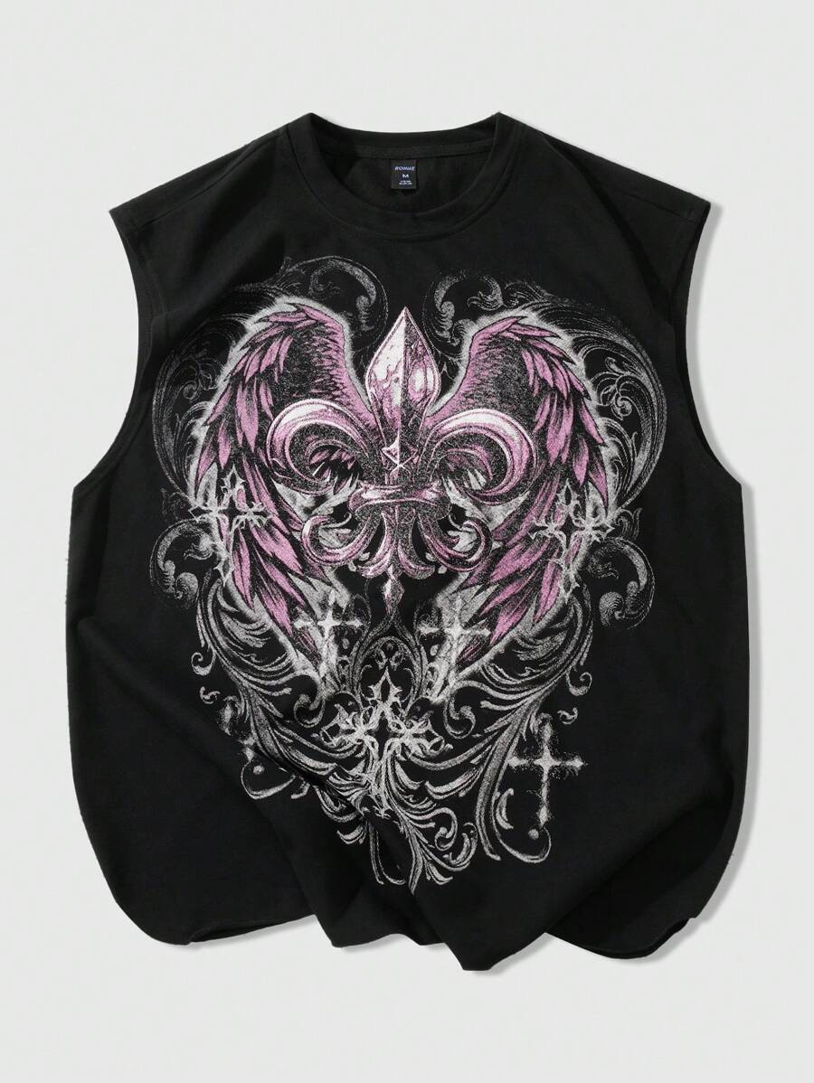 ROMWE MEN Street Life Men's Gothic Element Retro Cross Star Wings Print Theme Tank Top,