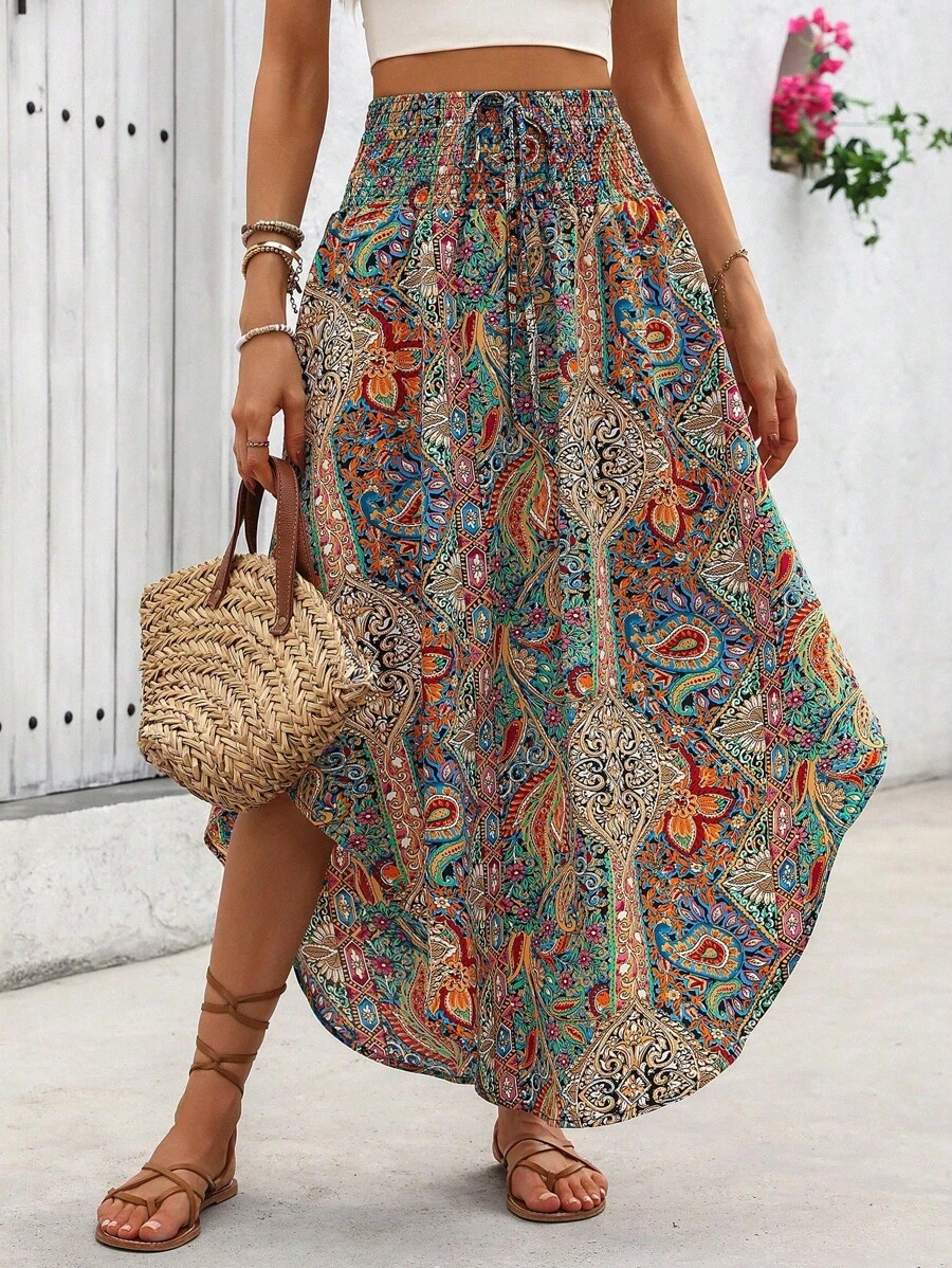 SHEIN PETITE Short Women Print Waist Drawstring Asymmetrical Hem Casual A-Line Skirt, Suitable For Petite, Resort Style