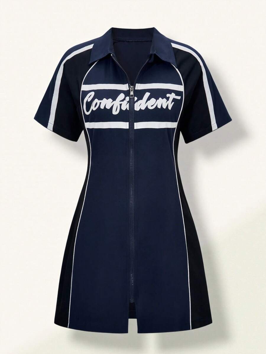 SHEIN 1 pieza Vestido de carreras de cuello polo ajustado para adolescentes niñas, con estampado de gráficos y letras