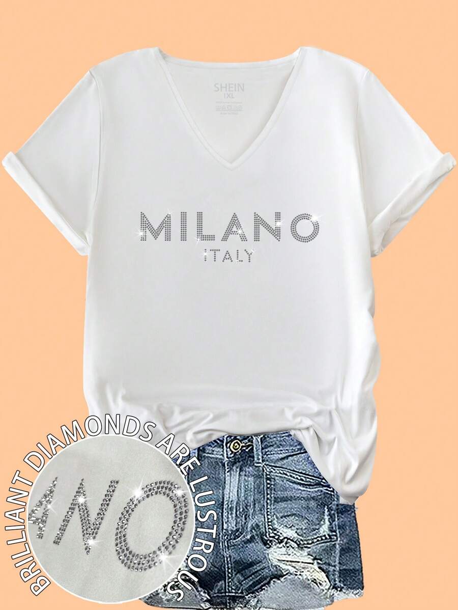 Calvaya Plus Size Women's Simple 'MILANO ITALY' Letter Print Hot Diamond V-Neck Short Sleeve Casual T-Shirt For Women