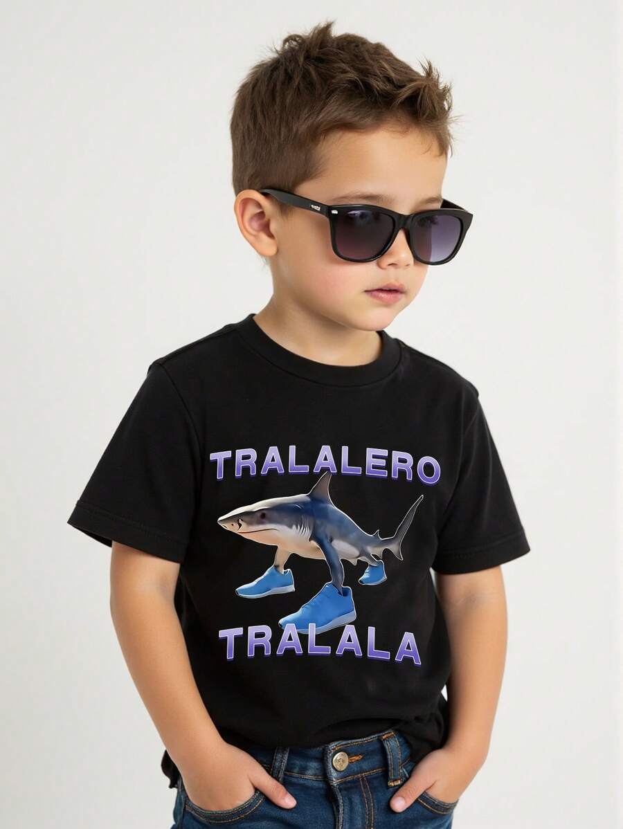SHEIN Young Boy Shark Print Casual Crew Neck Short Sleeve T-Shirt, Summers Young Boys T Shirts Summer Holiday