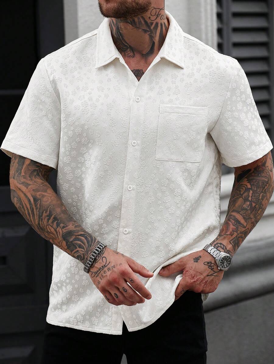 Manfinity RSRT Men's White Woven Jacquard Short Sleeve Shirt , Mens Summer Shirts , Nice Shirts For Men , Style Shirts For Men , Men S Short Shirts