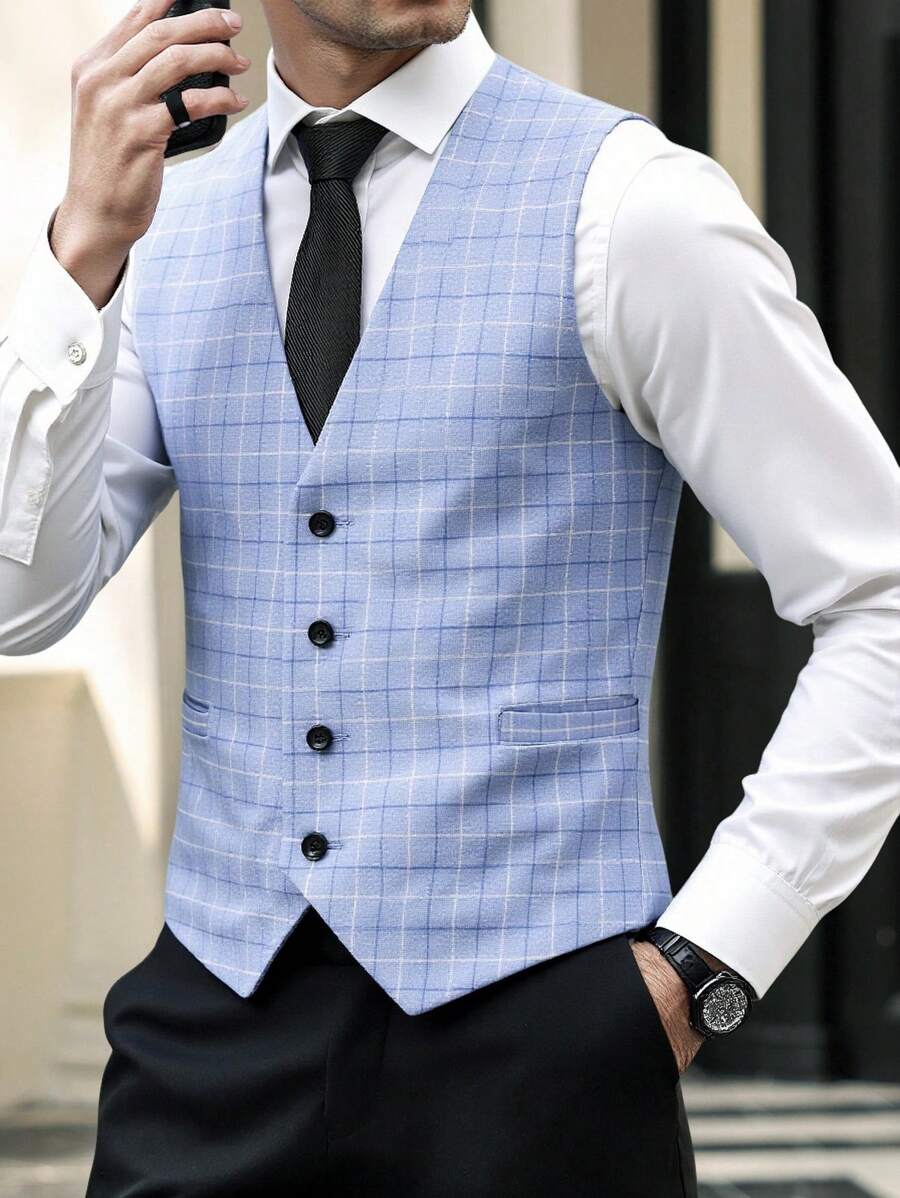 Manfinity Mode Men's Plaid Single-Breasted V-Neck Sleeveless Fashion Suit Vest