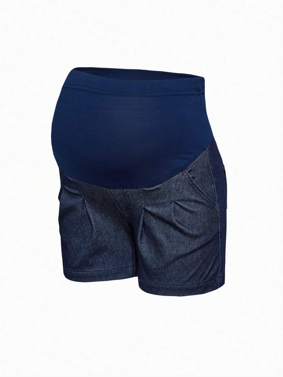 SHEIN Pantalones cortos vaqueros informales de maternidad de unicolor, plisados, con parches elásticos para el verano