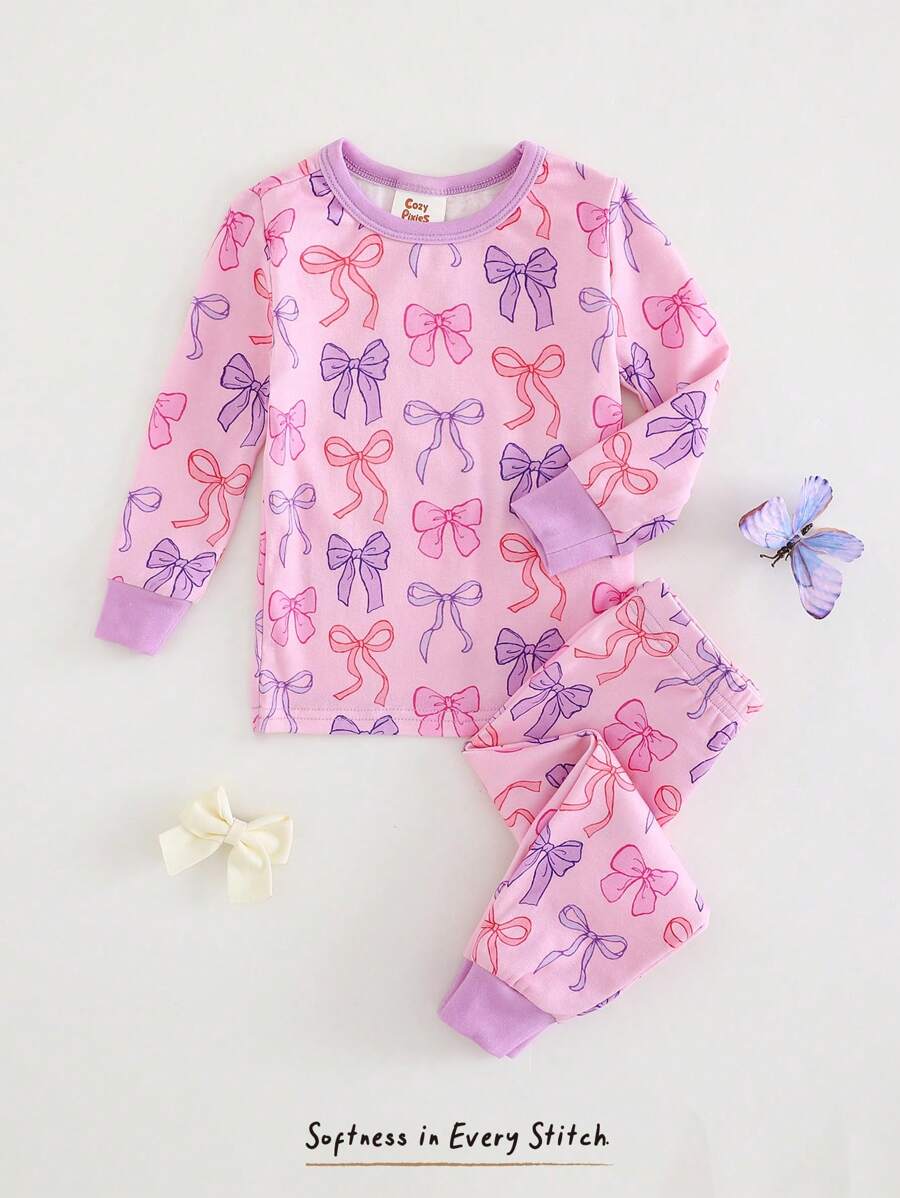 Cozy Pixies Infant Girl Bow Decor Knitted Soft Crew Neck Long Sleeve Top And Elastic Waist Legging 2Pcs Pajama Set